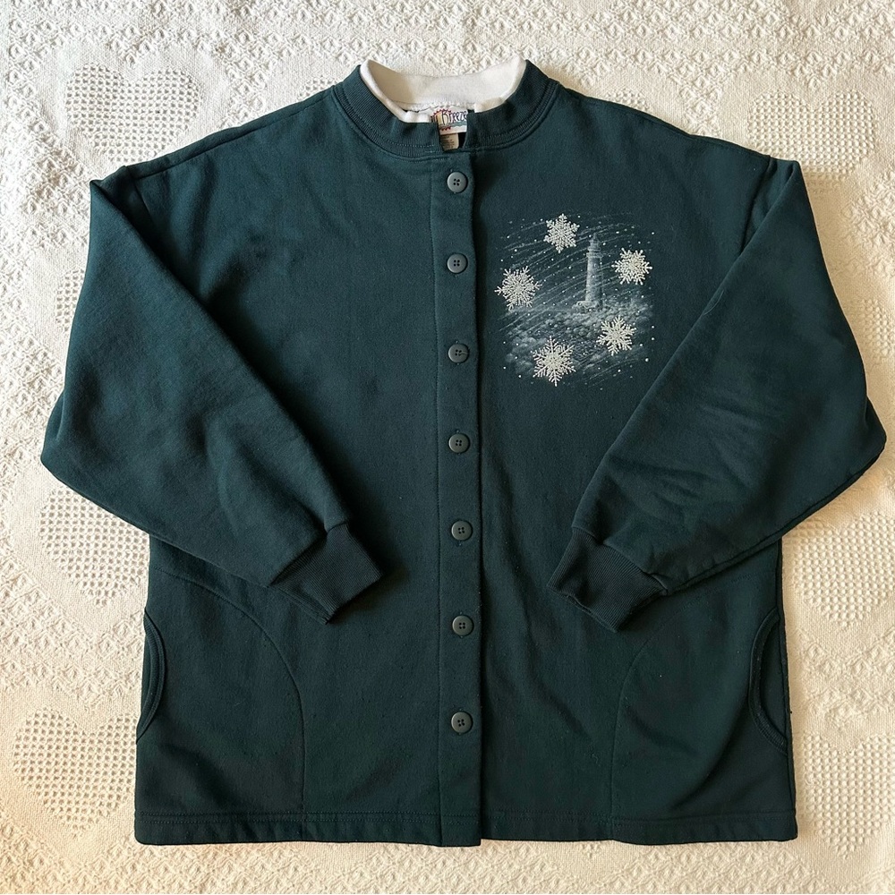 Vintage Lighthouse Cardigan Sweater Womens Large Forest Green Snowflake Nautical
